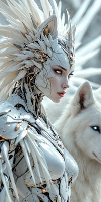 The primary subject of the image is a woman dressed in a futuristic, white costume, standing next to a white dog. The setting appears to be a snowy environment, with the woman and dog standing in the snow. The visual style of the image is a digital art or illustration, with the woman and dog depicted in a detailed and intricate manner. The colors in the image are predominantly white, giving the scene a clean and pristine appearance. The overall atmosphere of the image is one of beauty and eleg